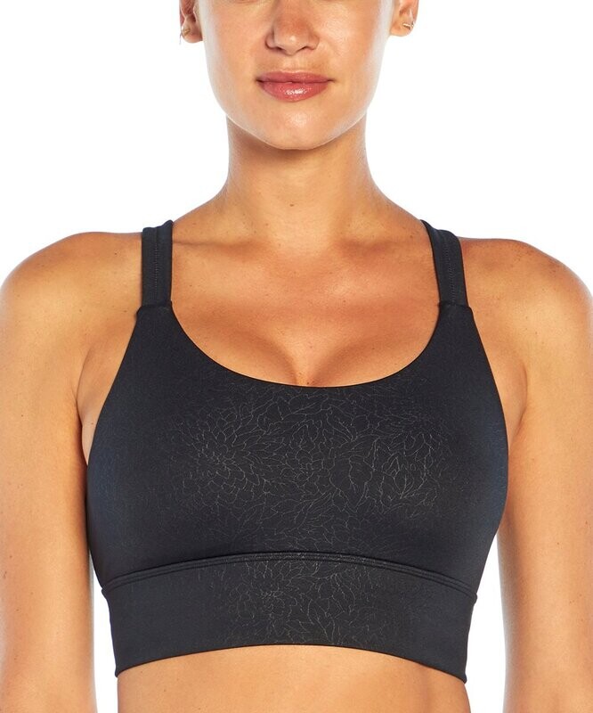 Black Linear Floral-Embossed Lacey Racerback Sports Bra
