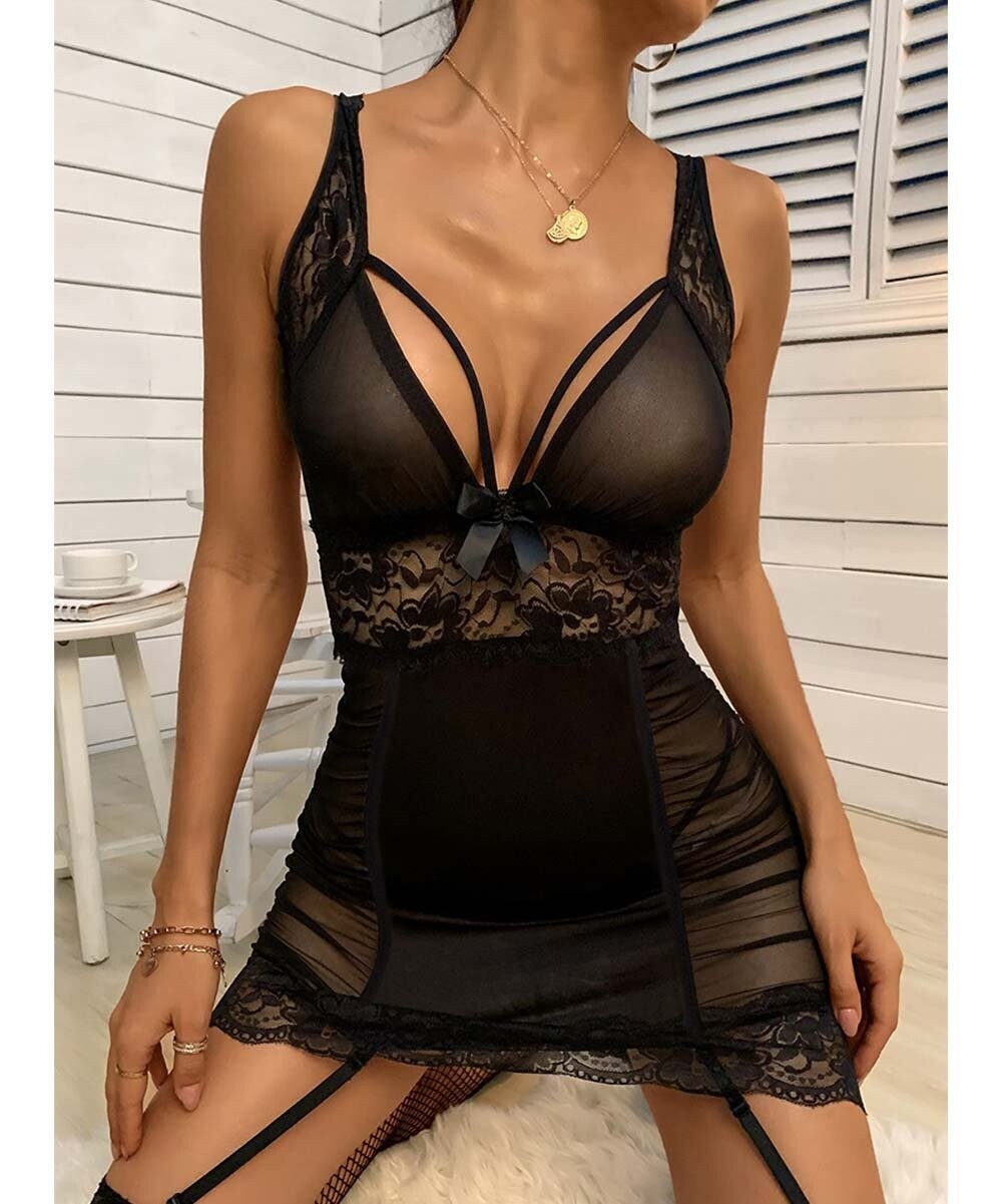 Black Cutout-Back Lace-Accent Semi-Sheer Chemise & Garters - Women