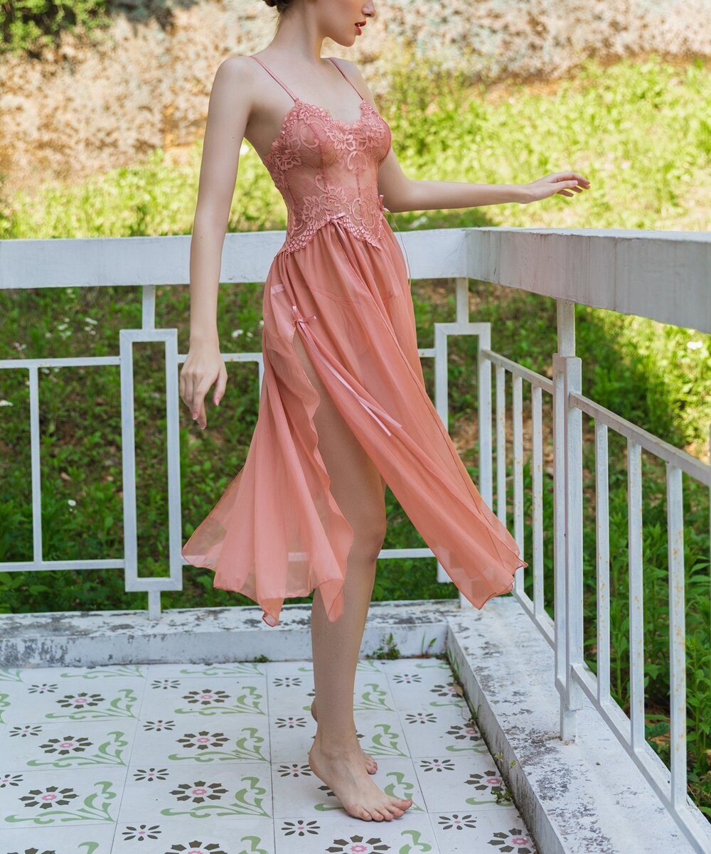 Pink Lace Side-Slit Midi Gown & Thong Pink Lace Side-Slit Midi Gown & Thong