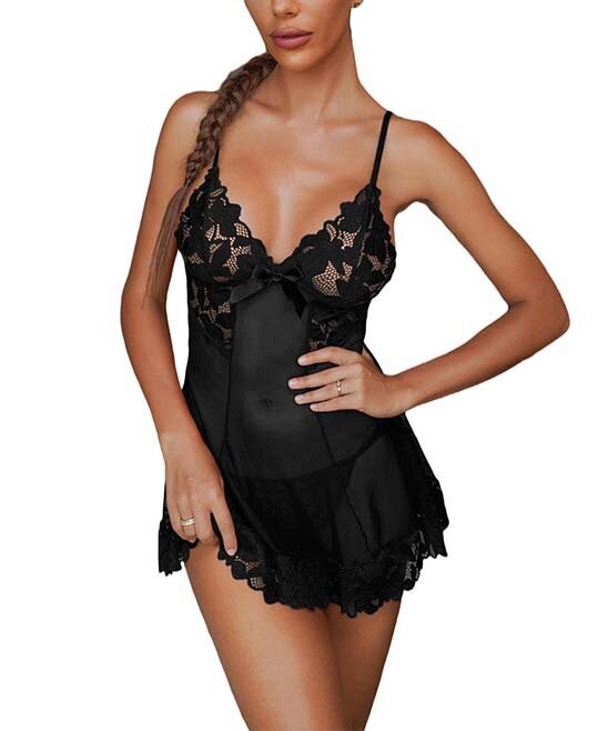 Black Lace Sheer Bra & Garter Skirt Set - Women