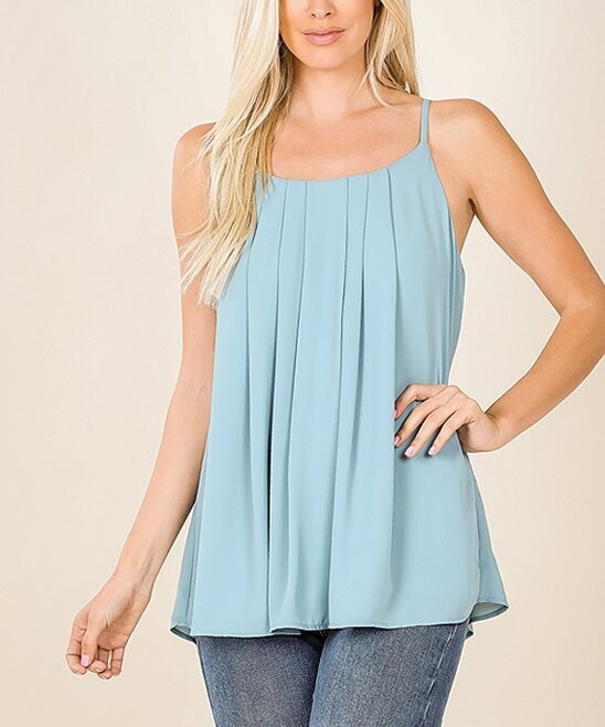 Blue Gray Layered Pleated Scoop Neck Tank