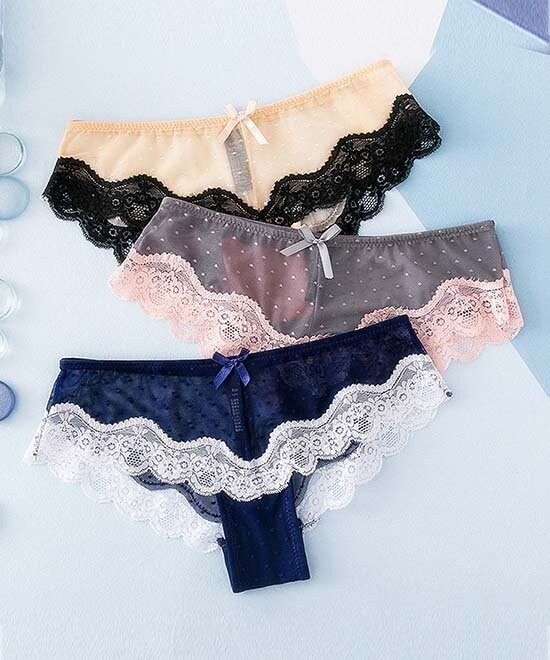 Navy Swiss Dot Lace-Trim Brazilian Panty Set