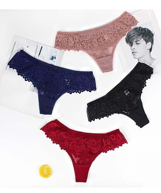 Black Floral-Lace Thong Set