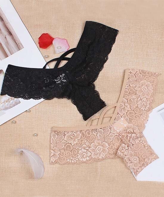 Black Sheer Ribbon-Lace Thong & Apricot Thong