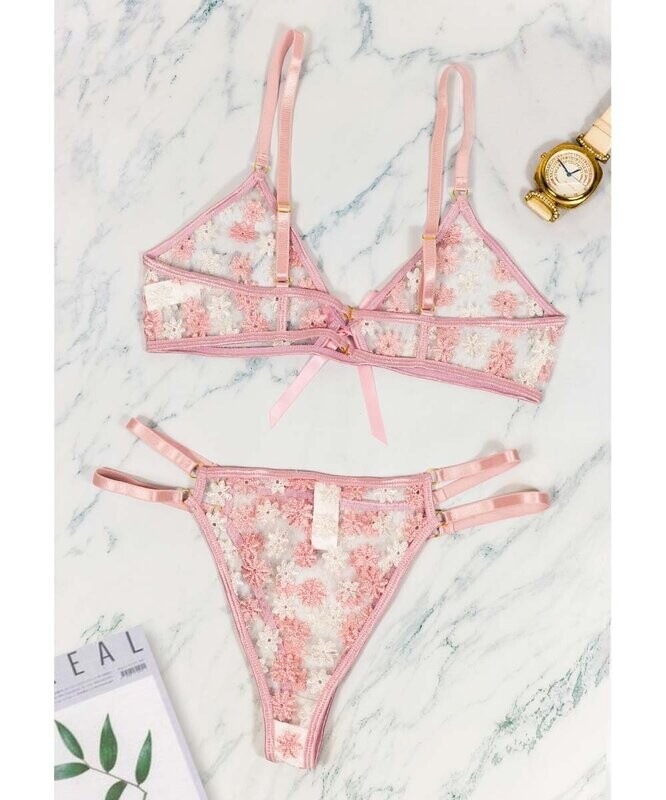 Pink Floral Sheer Mesh Bralette & String Tanga Set