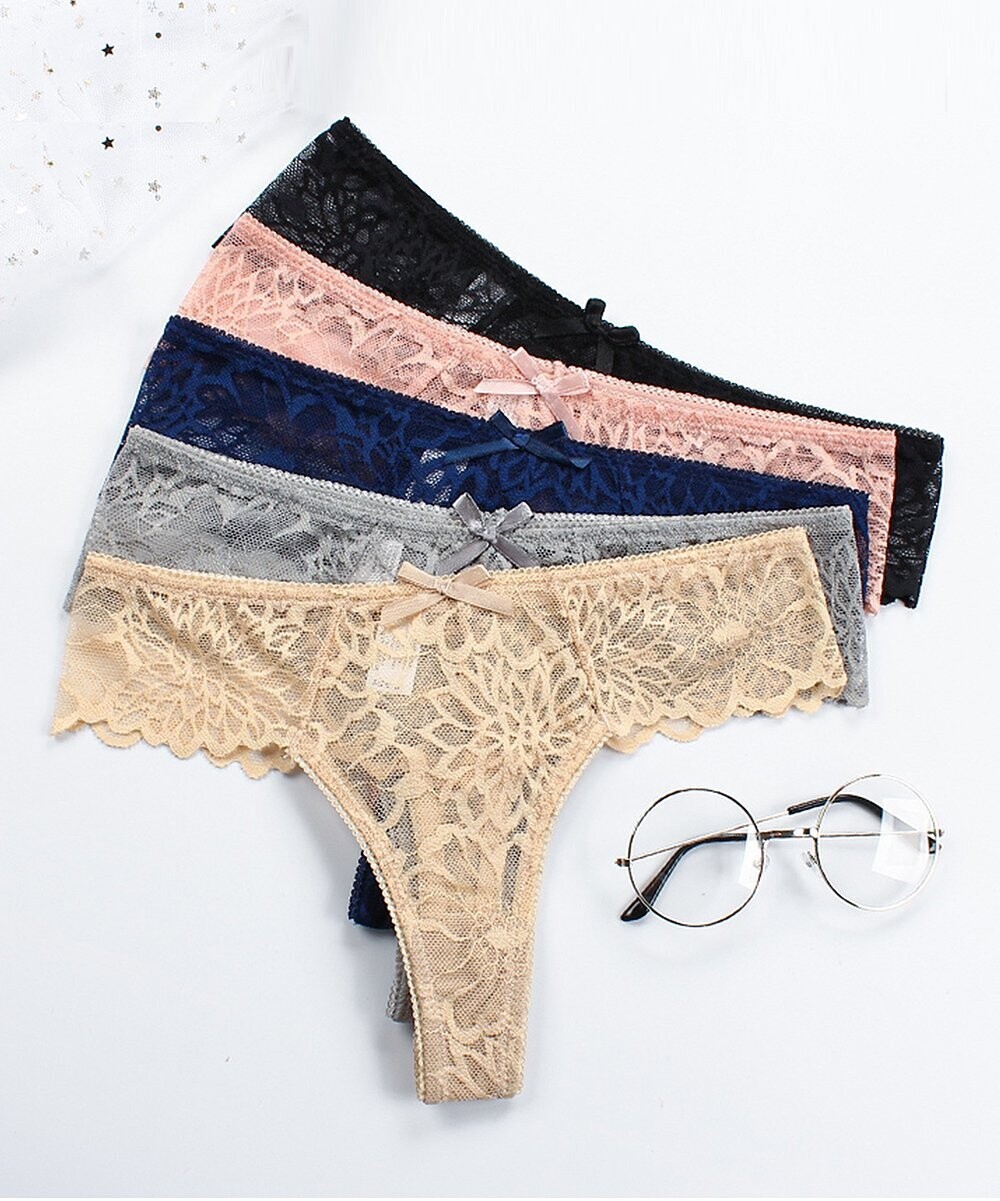 Beige, Gray & Blush Sheer Lace Thong Set - Women