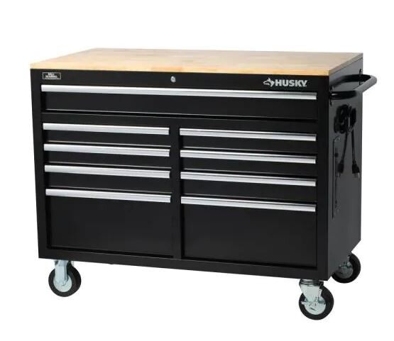 Husky 46 in. W x 24 in. D 9-Drawer Gloss Black Deep Tool Chest Mobile Workbench with Hardwood Top