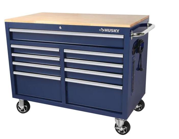 Husky 46 in. W x 24 in. D 9-Drawer Gloss Black Deep Tool Chest Mobile Workbench with Hardwood Top, Color: Gloss Blue