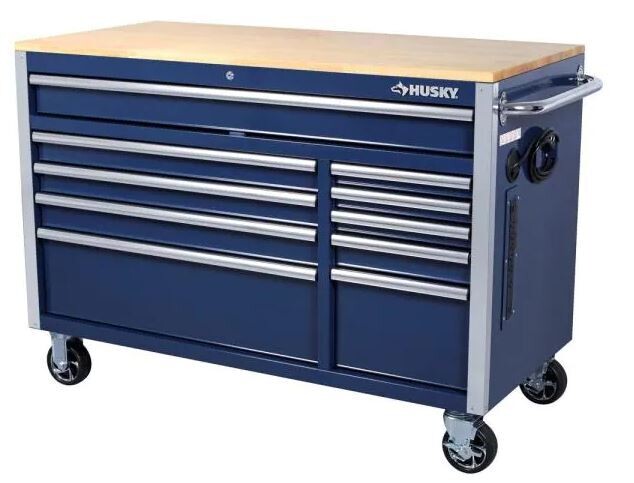 Husky 52 in. W x 24.5 in. D 10-Drawer Blue Mobile Workbench with Solid Wood Top