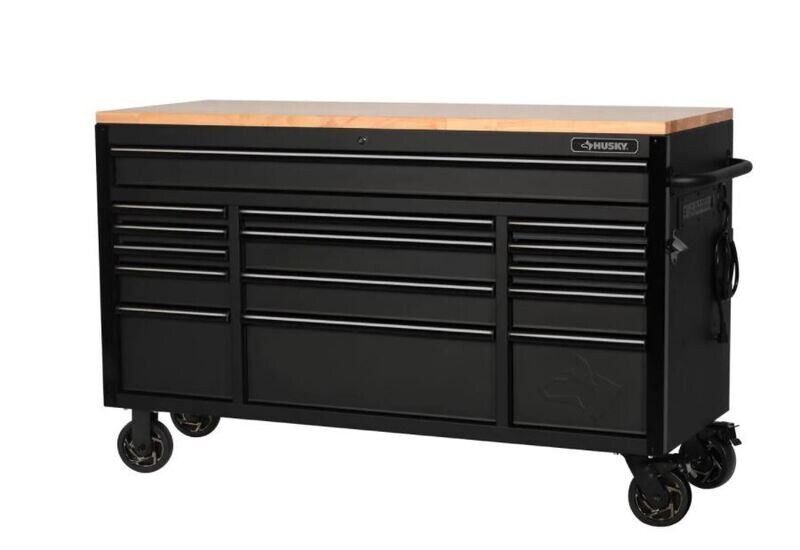 Heavy Duty 61 in. W x 23 in. D 15-Drawer Mobile Workbench with Solid Wood Top