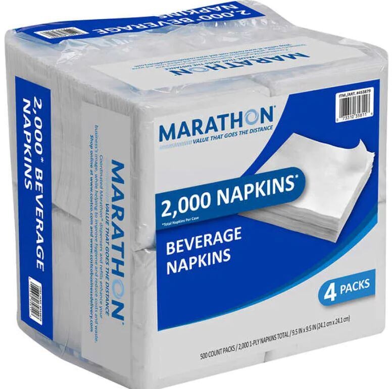 Marathon 1-Ply Beverage Paper Napkins, White, 2000 ct