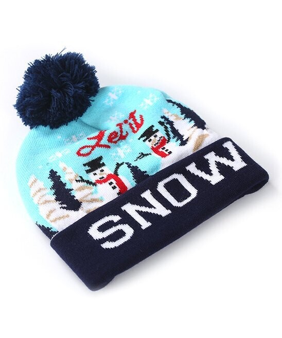 Blue 'Snow' Snowman Wool LED Pom Pom Beanie