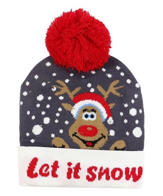 Dark Gray & White 'Let It Snow' Reindeer Wool LED Pom Pom Beanie