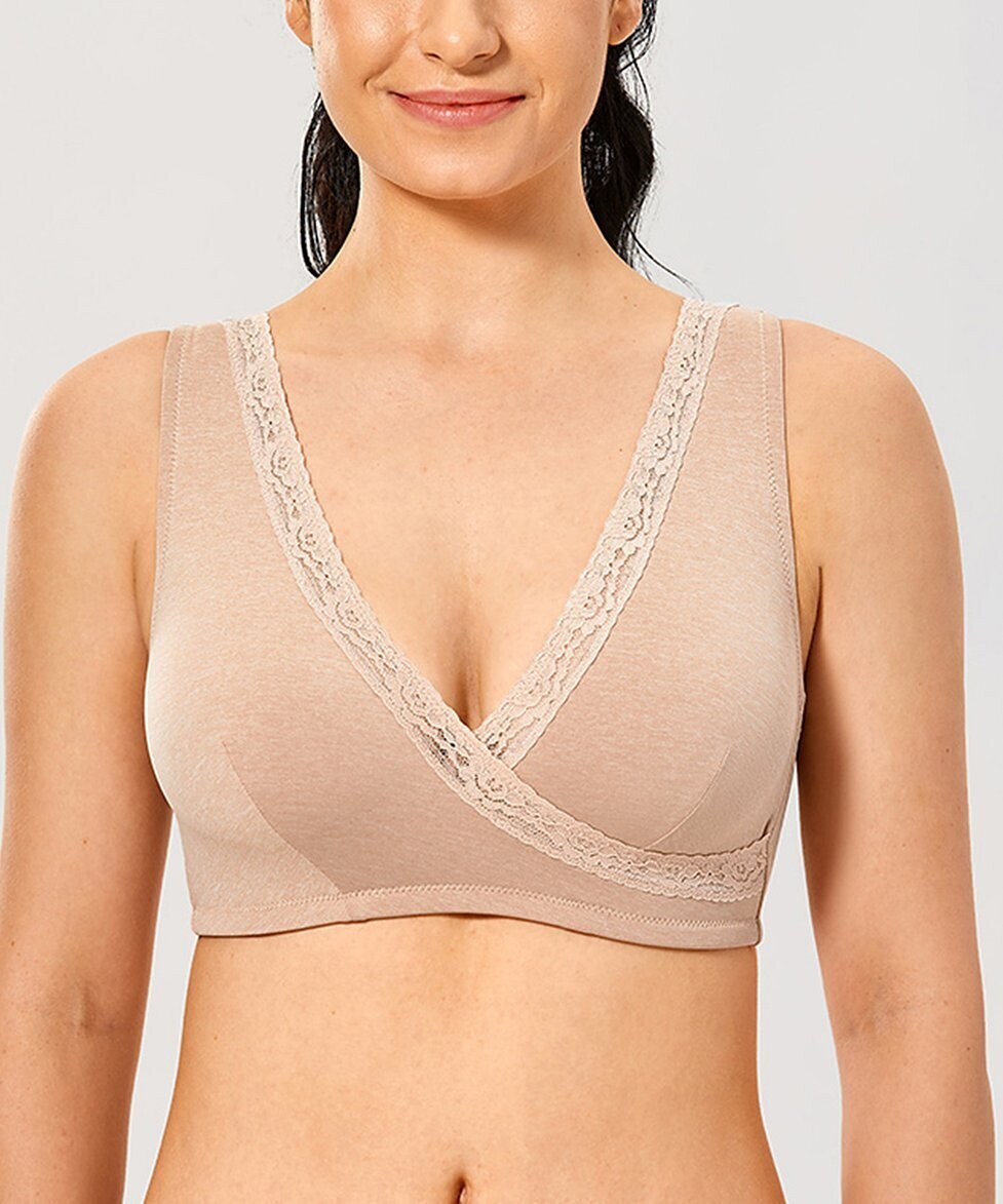 Lace-Trim Full-Fit Wireless Surplice U-Back Bra - Plus Too, Color: Beige