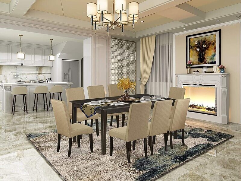 EW 9 Pc Room Set-Dining Table With Self Storing Butterfly Leaf Plus 8 Parson Chair With Cappuccino Finish Leg And Linen Fabric-Brown Color, 9