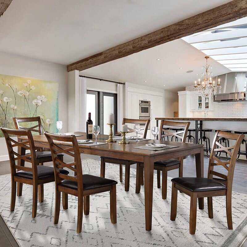SK Dining Table Sets for 6 with Chairs, Kitchen Table Set of 7 Pieces, Rubber Solid Wood, 60''L × 36" W