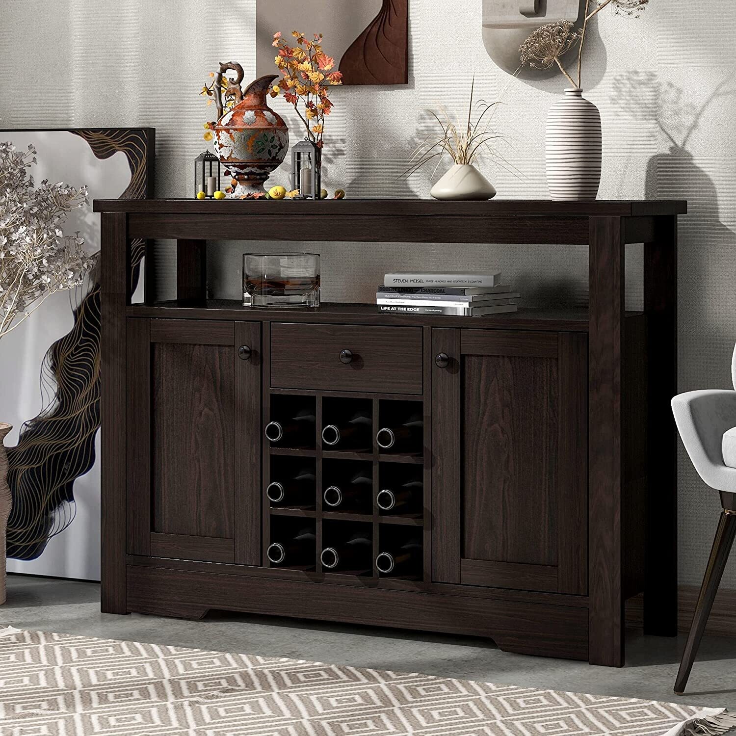2 Tier Sideboard Buffet Server Storage Cabinet with 9 Bar Wine Compartments,Drawer and Cabinet for Kitchen Dining Room Furniture