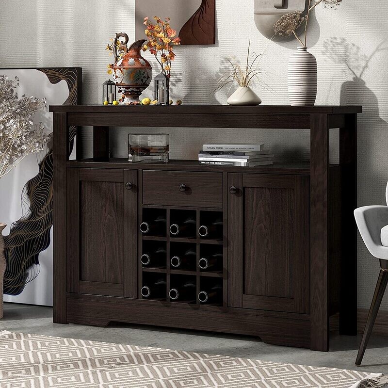 2 Tier Sideboard Buffet Server Storage Cabinet with 9 Bar Wine Compartments,Drawer and Cabinet for Kitchen Dining Room Furniture