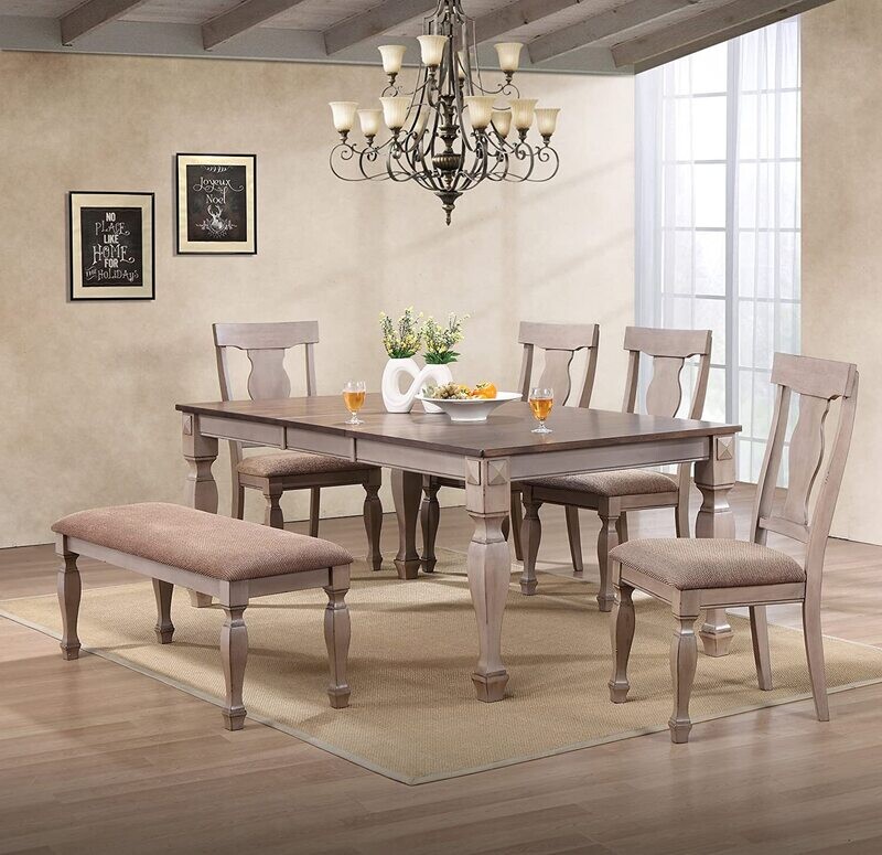KB Furniture - Almond 2-Tone Brown Wood 6-Piece Dining Room Set, Table, Bench & 4 Chairs