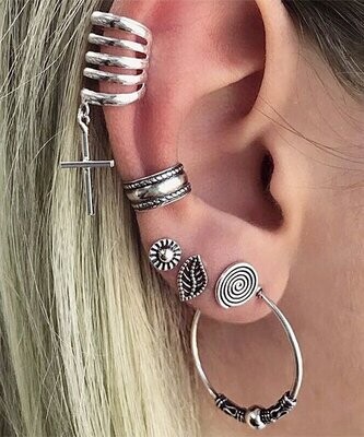 Silvertone Hoop & Cross Ear Cuff & Hoop Earrings Set