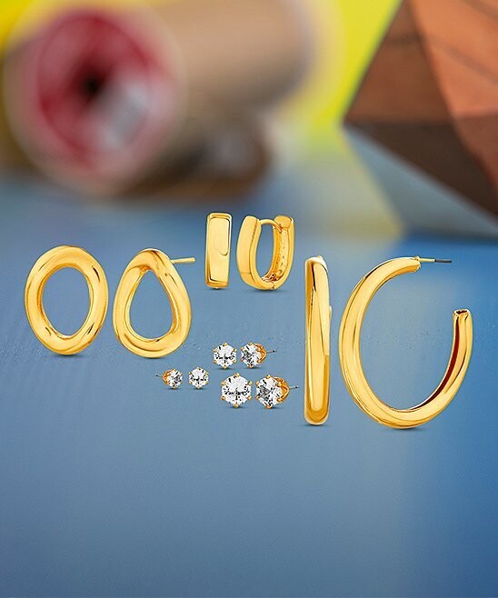Rhinestone & Goldtone Round-Cut Earrings Set