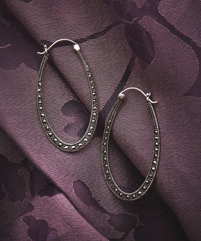 Marcasite & Sterling Silver Long Oval Hoop Earrings