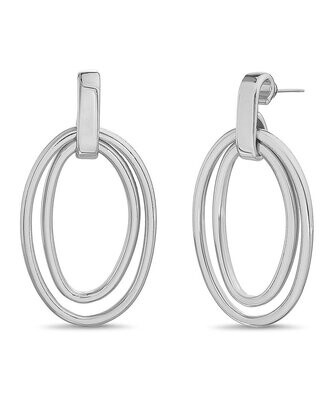 Silvertone Polished Double Oval Drop Hoop Earrings