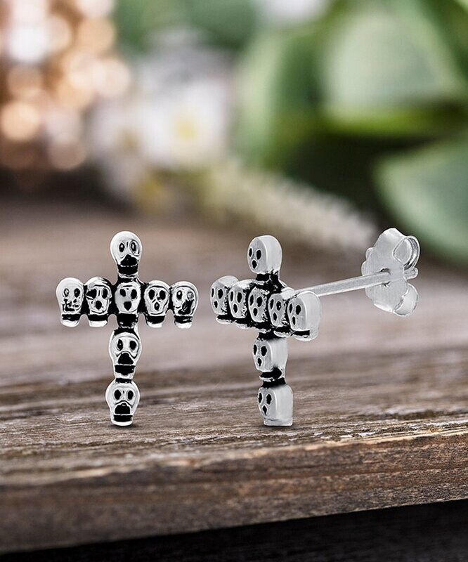 Silvertone Skull Cross Stud Earrings