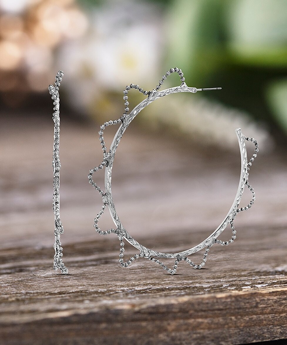 Silvertone Burst Border Hoop Earrings