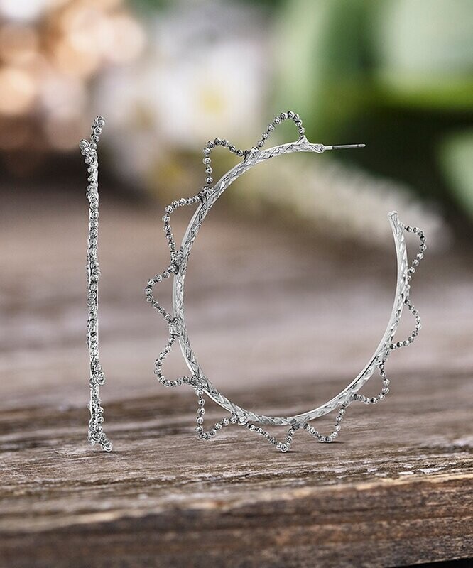 Silvertone Burst Border Hoop Earrings