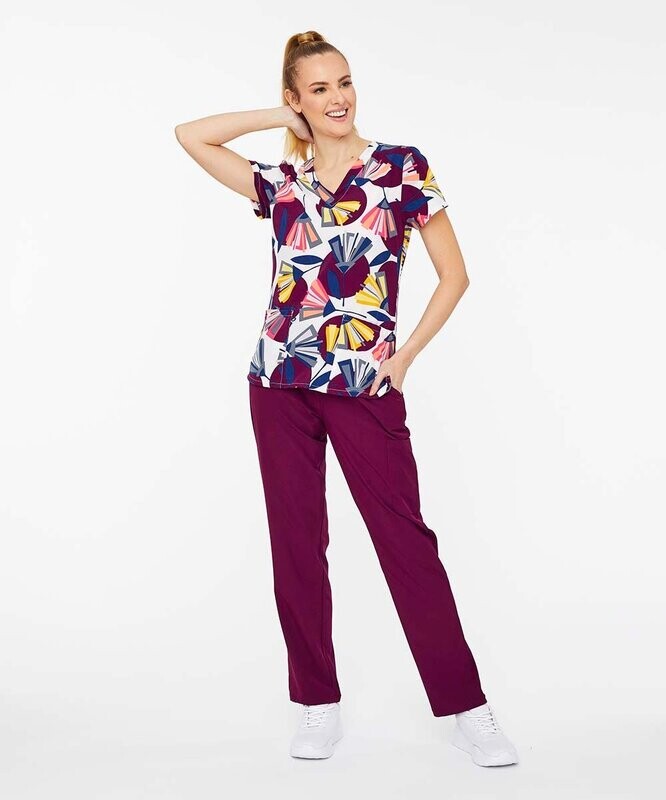 Plum & Pink Geometric V-Neck Scrub Top & Scrub Pants - Women