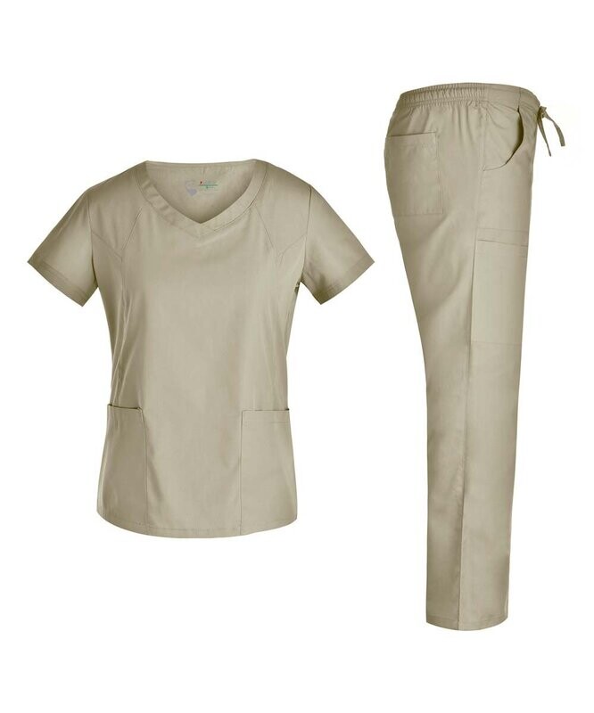 Beige V-Neck Scrub Top & Scrub Pants - Women