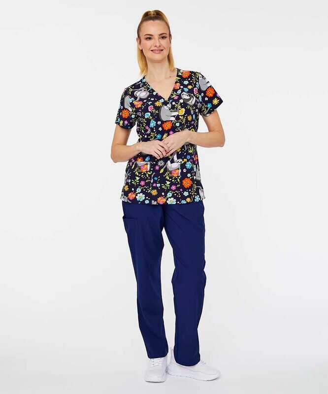 Navy & Gray Sloth Floral V-Neck Scrub Top & Scrub Pants - Women