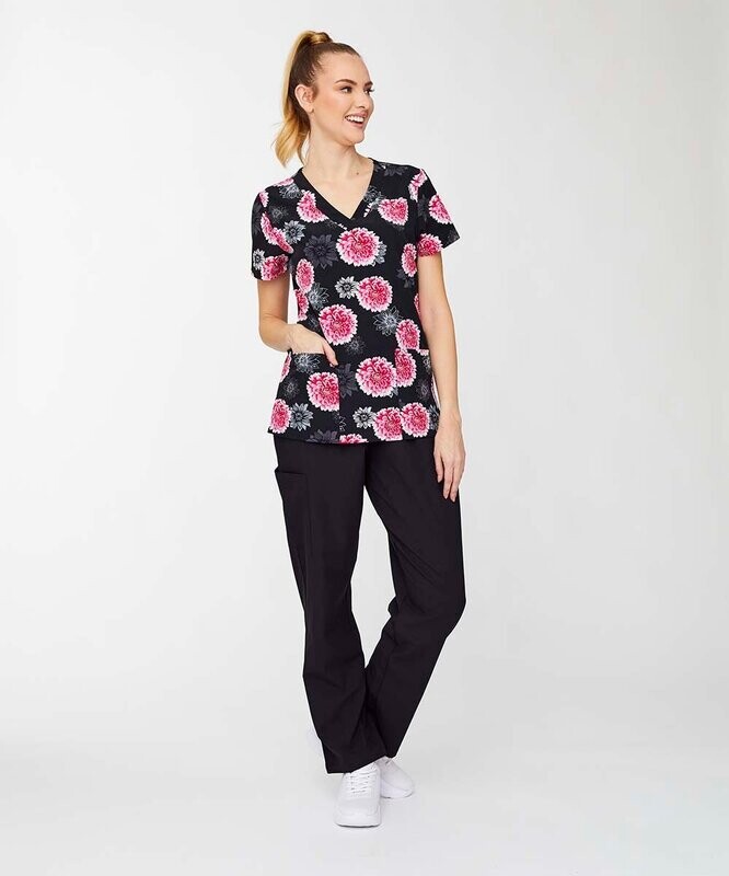 Black & Pink Floral V-Neck Scrub Top & Scrub Pants - Women