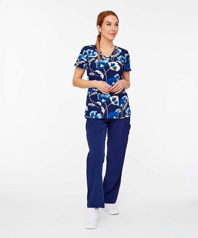 Navy Floral V-Neck Scrub Top & Scrub Pants - Women