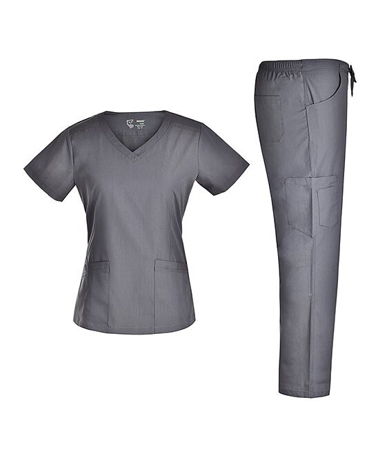 Pewter Stretch V-Neck Scrub Top & Pants - Women