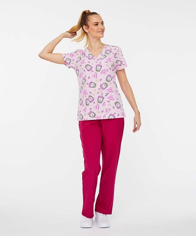 Pink Hedgehog Princess V-Neck Scrub Top & Magenta Scrub Pants - Women