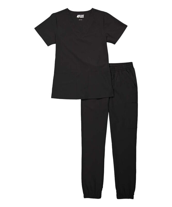 Black V-Neck Scrub Top & Jogger Scrub Pants - Women