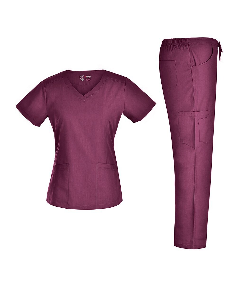 Burgundy Fitted V-Neck Scrub Top & Pants - Women Burgundy Fitted V-Neck Scrub Top & Pants - Women