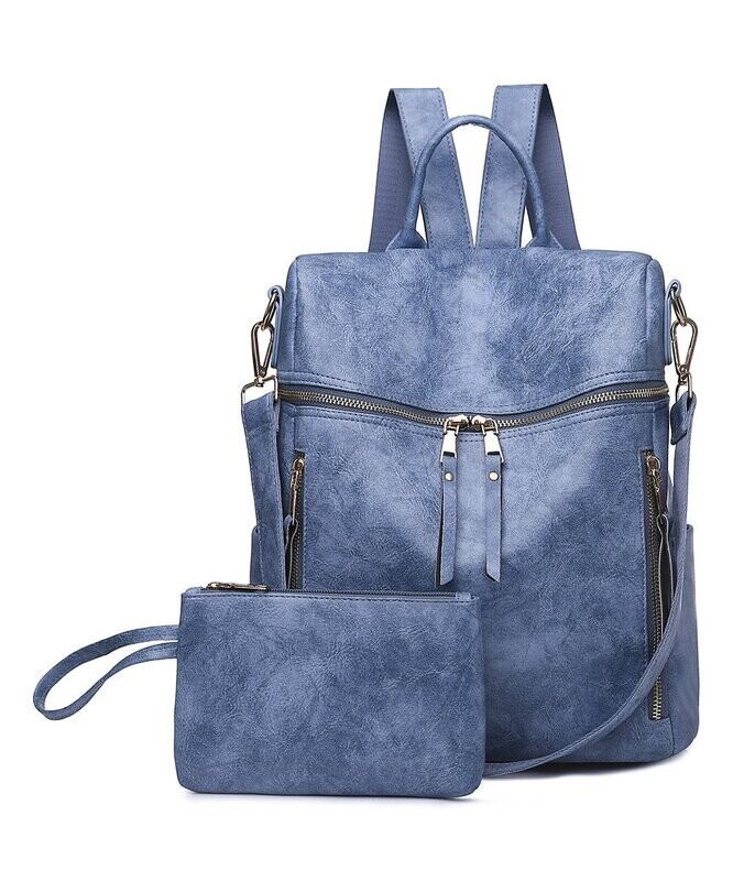 Blue Side-Pocket Convertible Backpack & Wristlet
