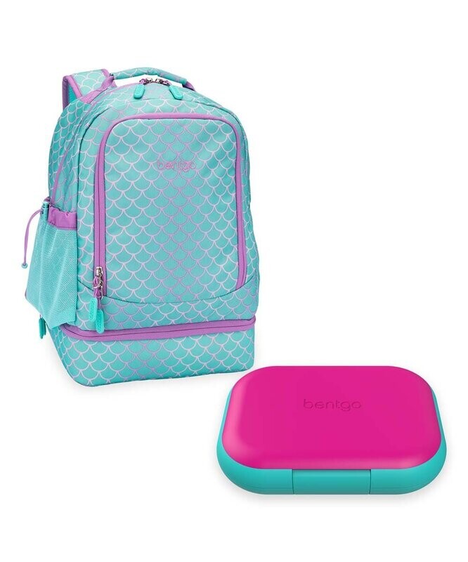 Aqua & Pink Mermaid Scale Insulated Backpack Set
