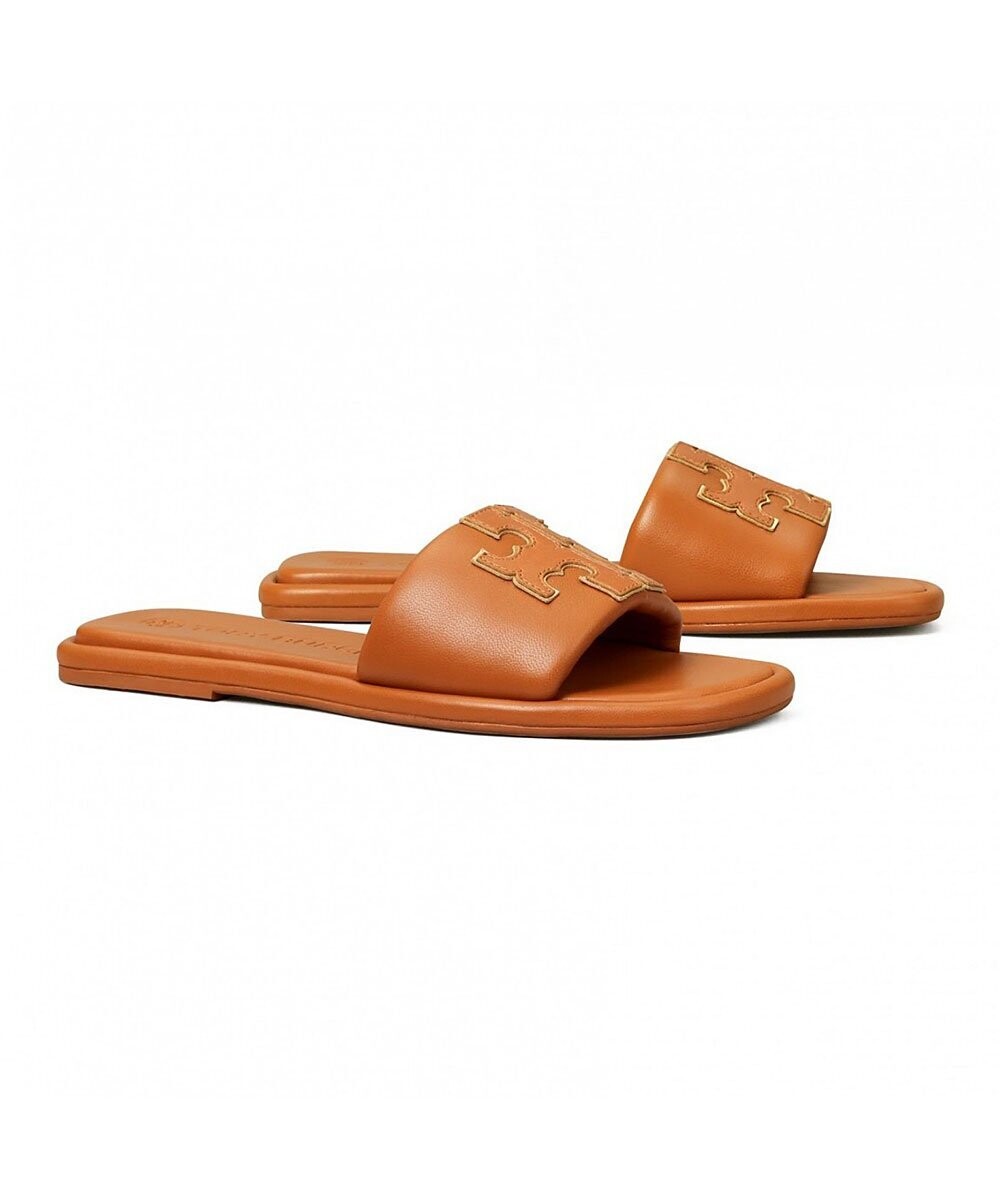Aged Camello & Goldtone Double-T Leather Sport Slide - Women Aged Camello & Goldtone Double-T Leather Sport Slide - Women