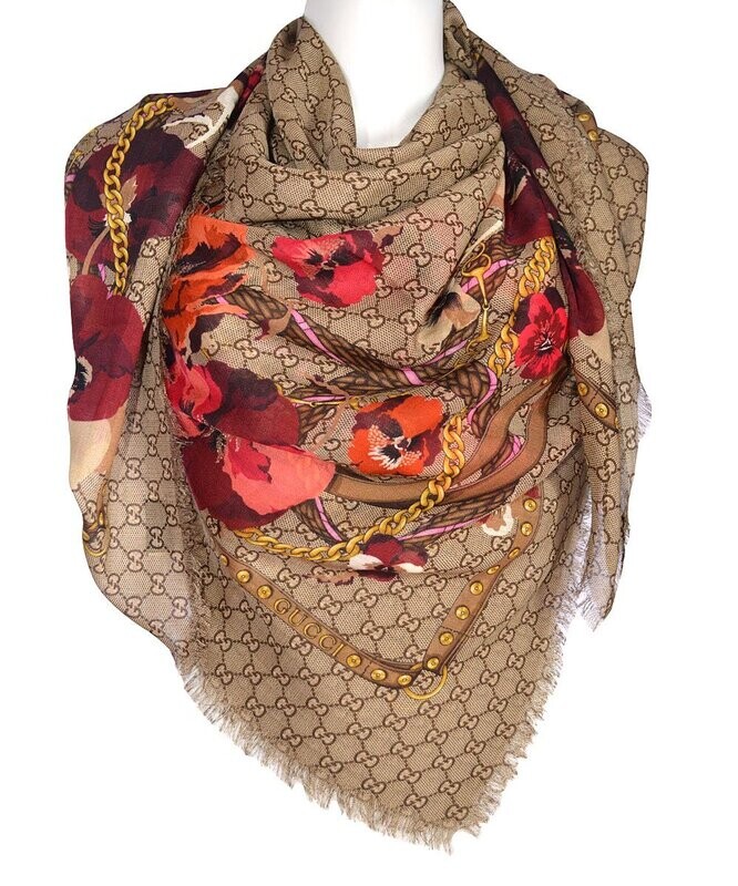 Brown & Red Floral Wool Scarf