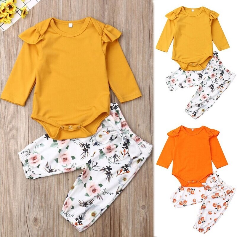 2pcs Infant Baby Girls Ruffles Long Sleeve Solid
