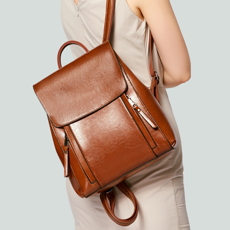 New Leather Women's Bag Fashion Oil Wax Cowhide Backpack