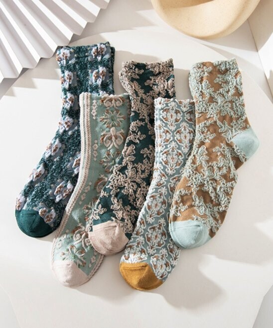 Blue Floral Five-Pair Socks Set - Women Blue Floral Five-Pair Socks Set - Women