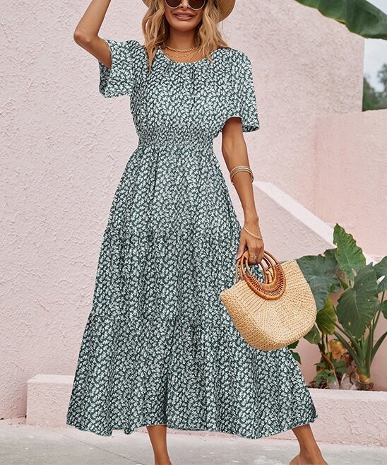 Floral Tiered Short-Sleeve Maxi Dress - Women Floral Tiered Short-Sleeve Maxi Dress - Women
