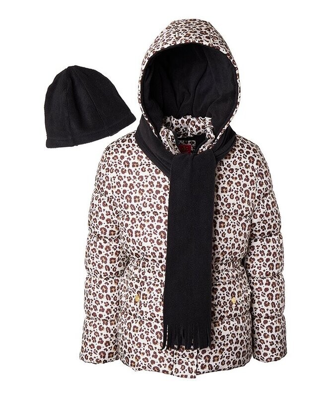 Beige Leopard Puffer Coat Set - Girls