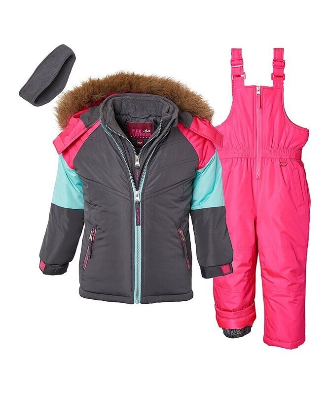 Gray & Pink Color-Block Snowsuit Set - Girls