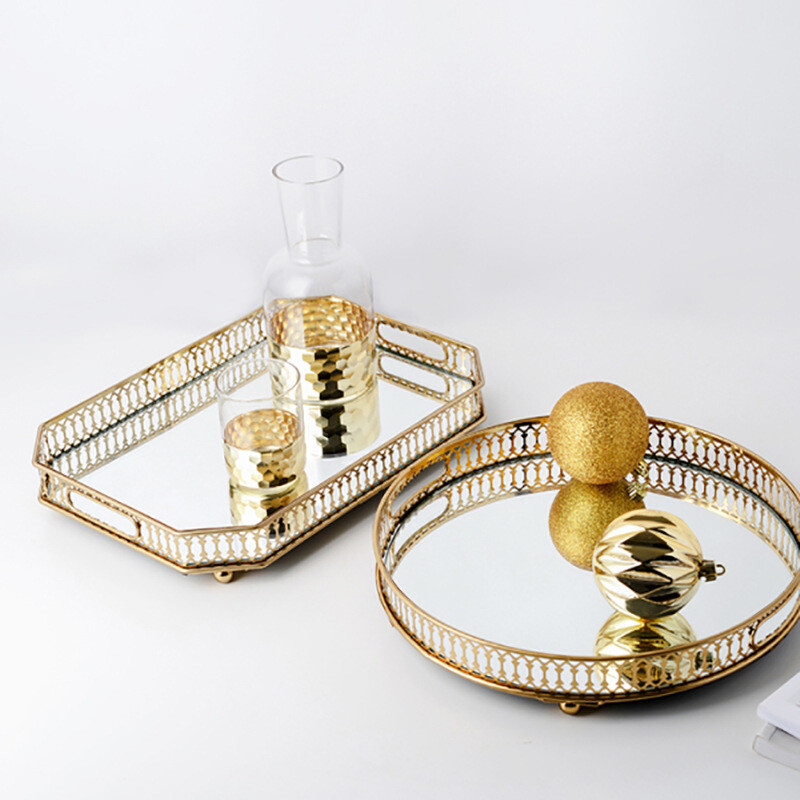 Golden Glass Tray Mirror Bottom Metal & Tray Decorative Fruit Storage